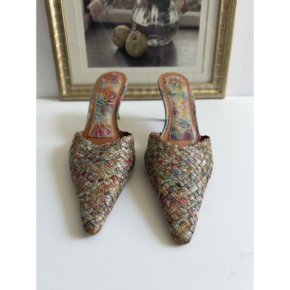 Mikaela Woven Leather Floral Pointed Toe Mules Multicolored Stiletto Heels - Picture 7 of 12